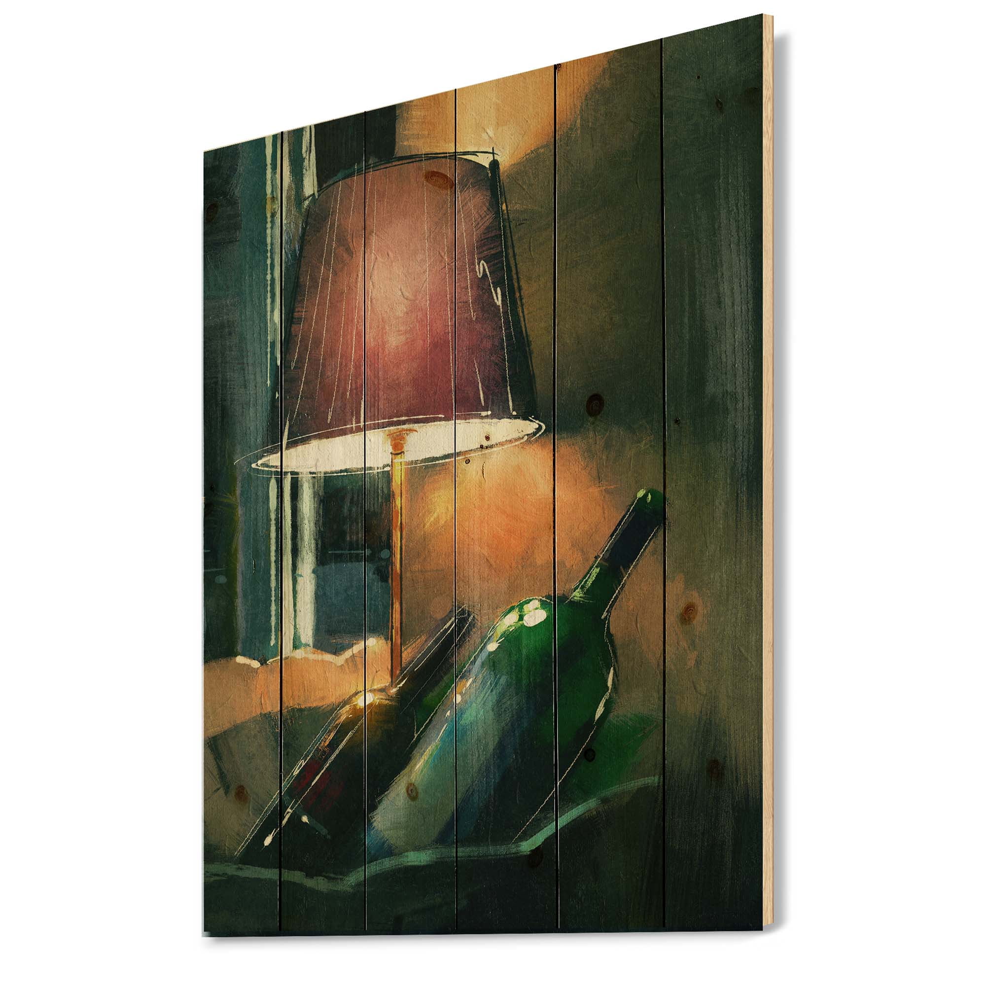 Designart 'Lamp Glowing Orange In The Night and Wine Bottles' Modern Print on Natural Pine Wood