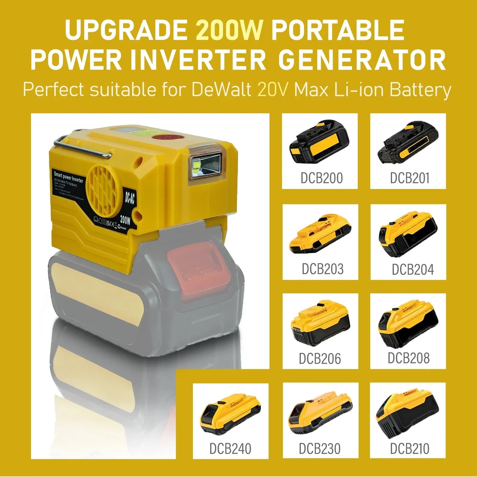 200W Portable Power Inverter Outdoor Mobile Lithium Battery Inverter with LED Light 18V 20V Li-ion Battery ,Easy to Use