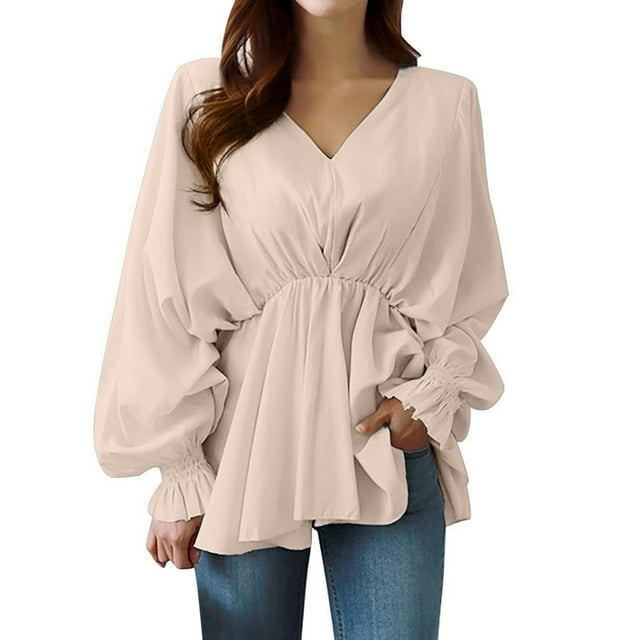 Pompotops Women's Solid Color Drawstring Irregular Long Sleeve Shirt Loose Long Sleeve V-Neck Tops Clearance