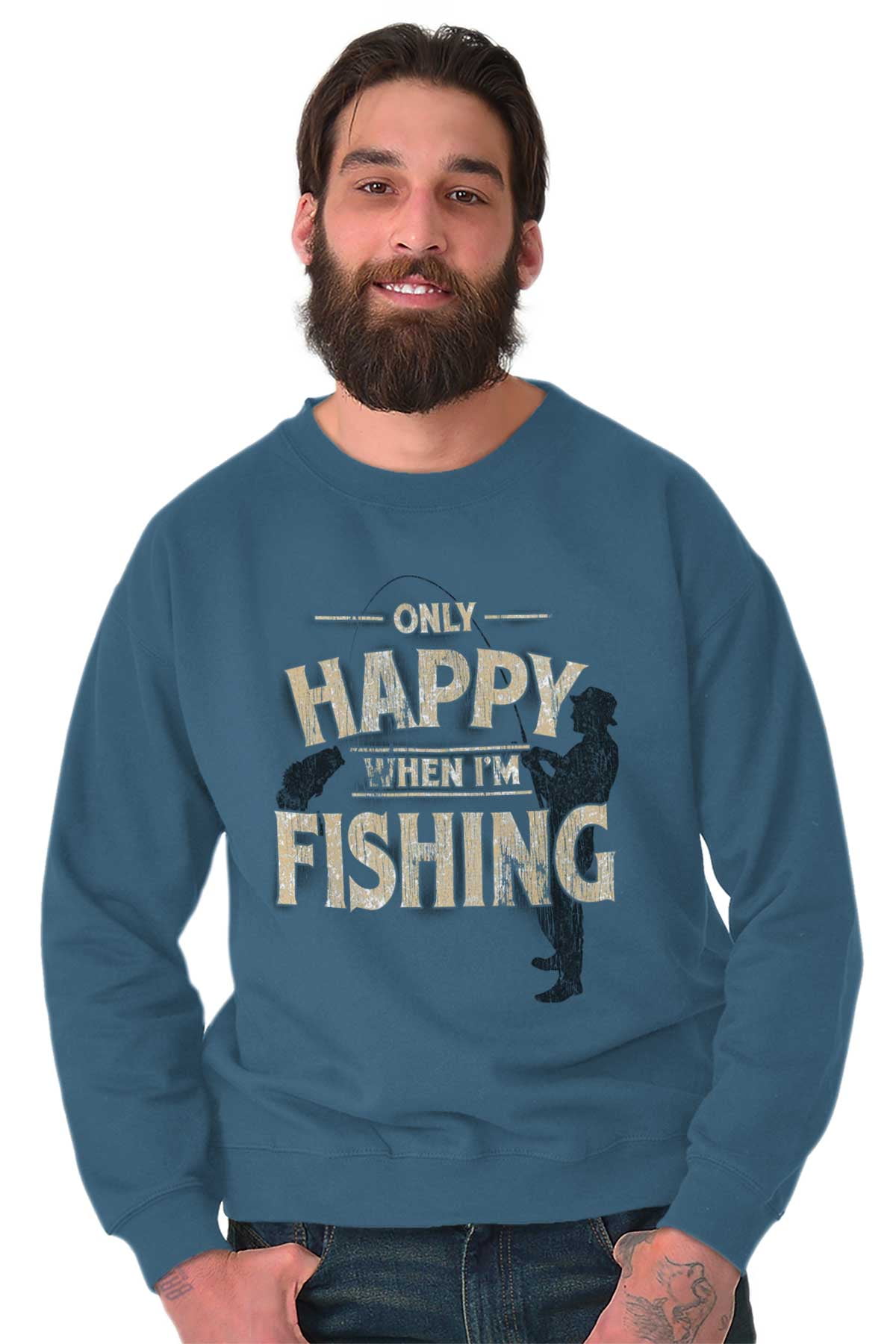 Fishing Mens Crewneck Pullover Sweat Shirt Happy When I'm Funny Fish