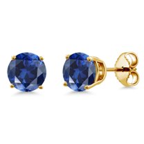 Gem Stone King 18K Yellow Gold Plated Silver Blue Created Sapphire Stud Earrings for Women Men (2.00 Cttw, Gemstone September Birthstone, Round 6MM)