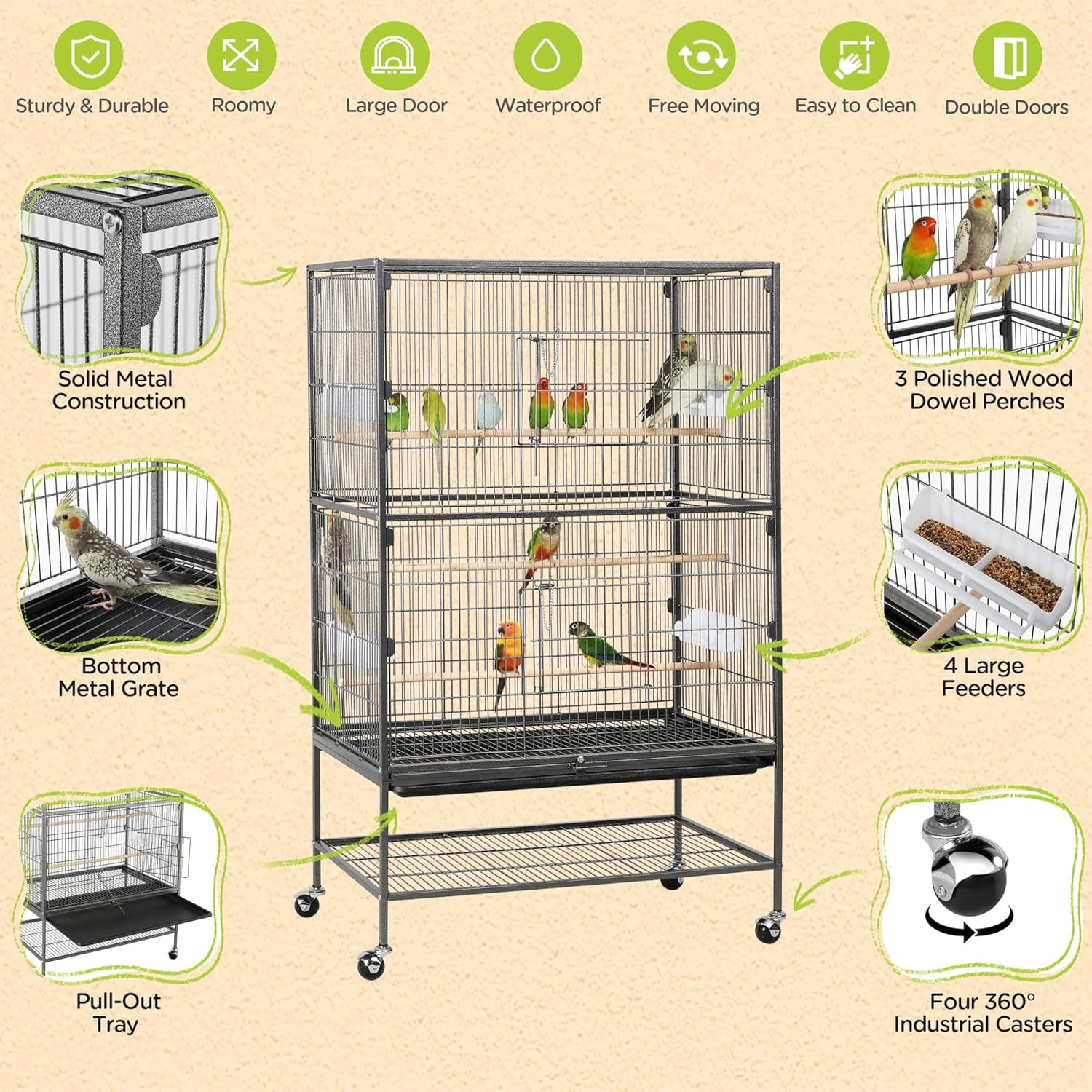 52'' Bird cage w/Perches & Feeders, Large Birdcage with Pull-Out Tray, Rolling Wheels, Extra Storage, Flight Cage for Cockatiel, Parrot, Parakeet, Conure, Budgie, Pigeon Small/Medium Birds