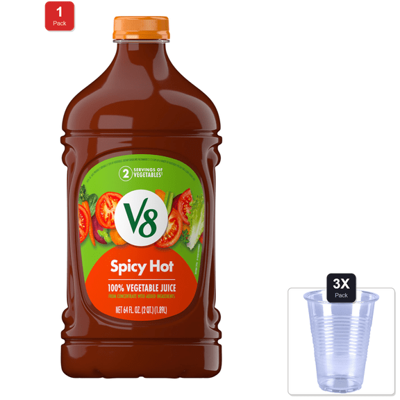 1 Pack | V8 Spicy Hot 100% Vegetable Juice, 64 Fl Oz Bottle & 3x Disposable Cup