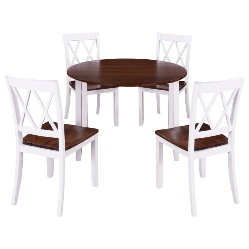 Dining Table Set Round Wood Drop Leaf 5 Piece With 4 Cross Back Chairs For Small Place White Cherry Com Dining Table Set Round Wood Drop Leaf 5, Small Round Drop Leaf Kitchen Table And Chairs