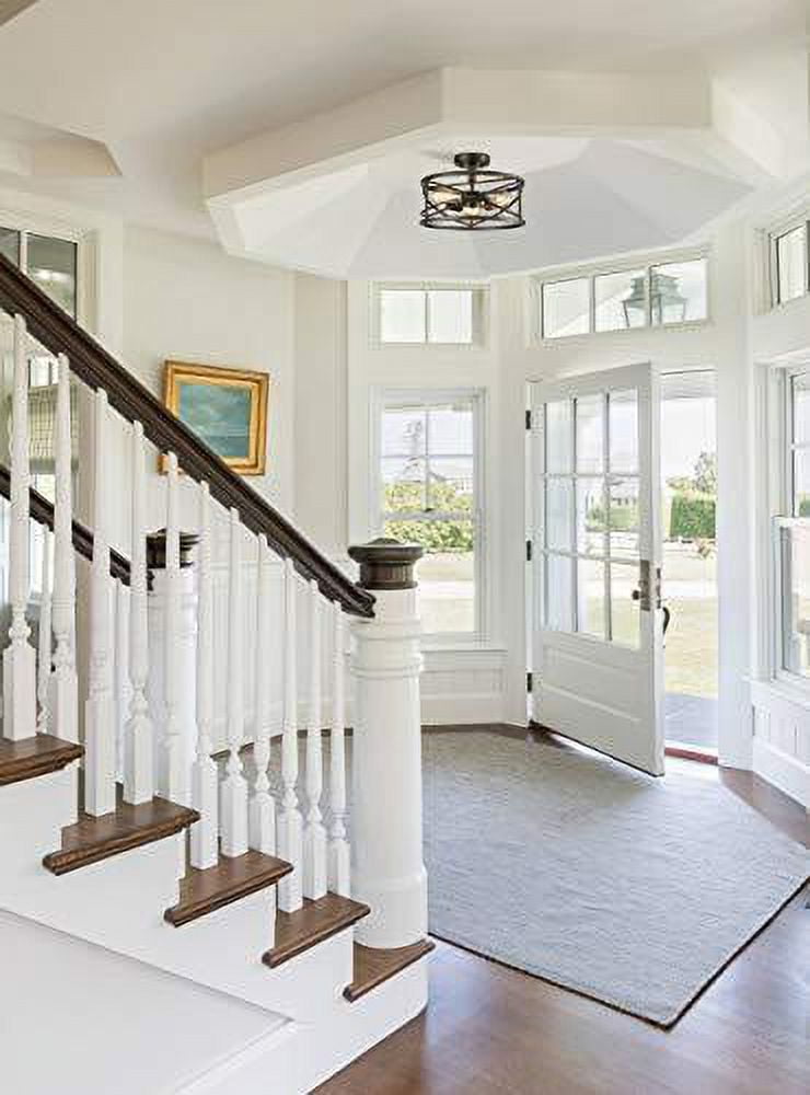 Rustic Farmhouse Black Flush Mount Ceiling Light Drum Fixture for Hallway