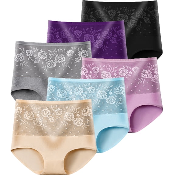 Xmarks Women's Briefs Underwear Cotton High Waist Tummy Control Panties Rose Jacquard Ladies Panty 6 Pieces 160-187LBS
