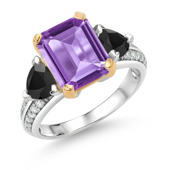 Gem Stone King 925 Sterling Silver and 10k Yellow Gold Purple Amethyst and Black Onyx 3 Stone Engagement Ring for Women (4.41 Cttw, Octagon Cut 10X8MM, Size 7)