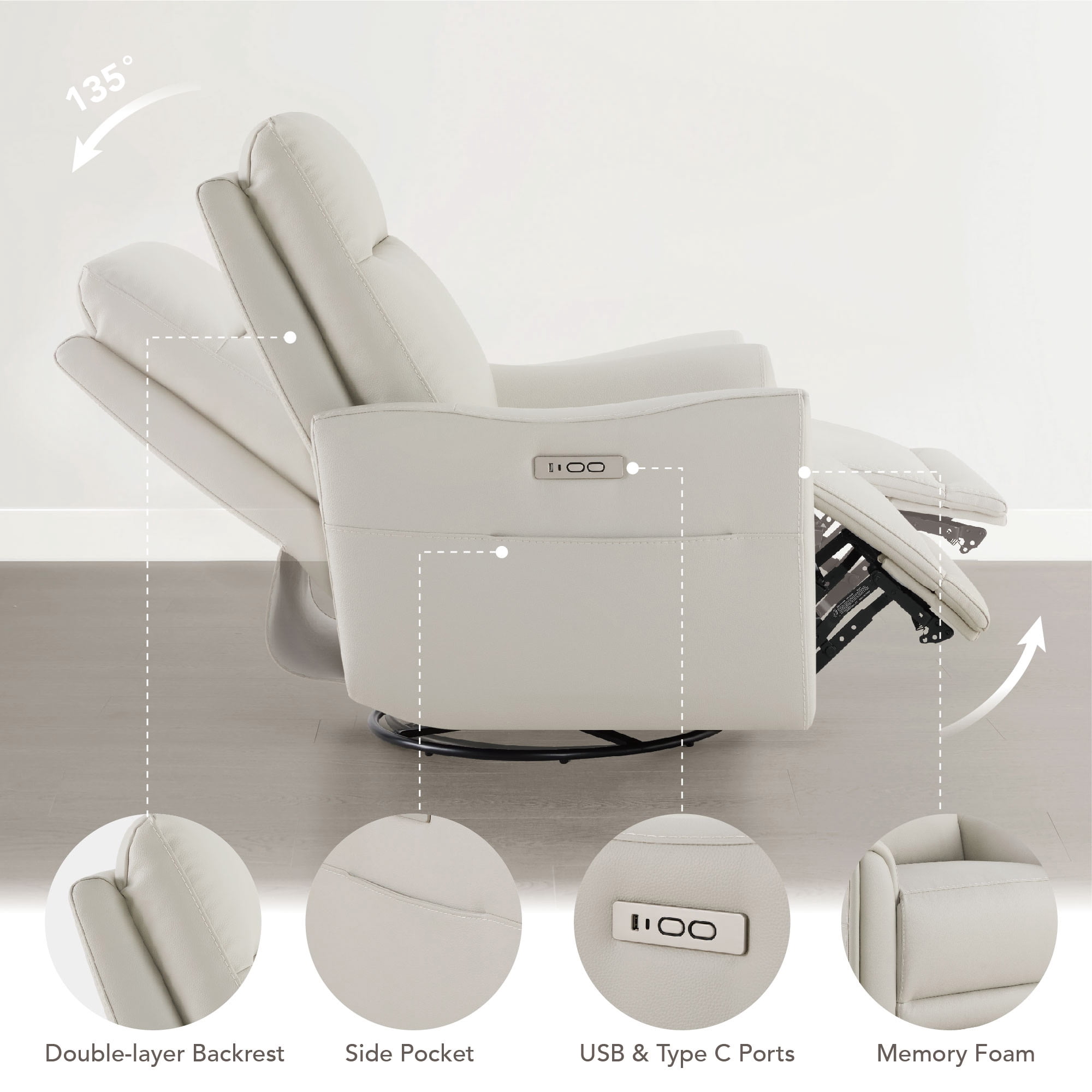 Spruce & Spring Genuine Leather Power Swivel Glider Recliner for Nursery, Light Grey
