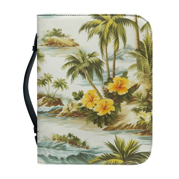 HELLHERO Tropical Palm and Wave Bible Case with Portable Zippered Handle Bible Covers for Church, PU Leather Church Bible Bag for Christian Prayer