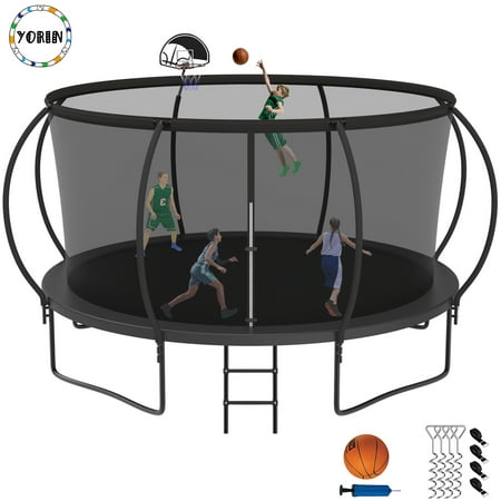 YORIN Trampoline, 14FT 12FT 15FT 16FT Trampoline for Adults and Kids, ASTM Approved 1400LBS Trampoline with Enclosure Net, Basketball Hoop, Ladder, Outdoor Heavy-Duty Recreational Round Trampolines