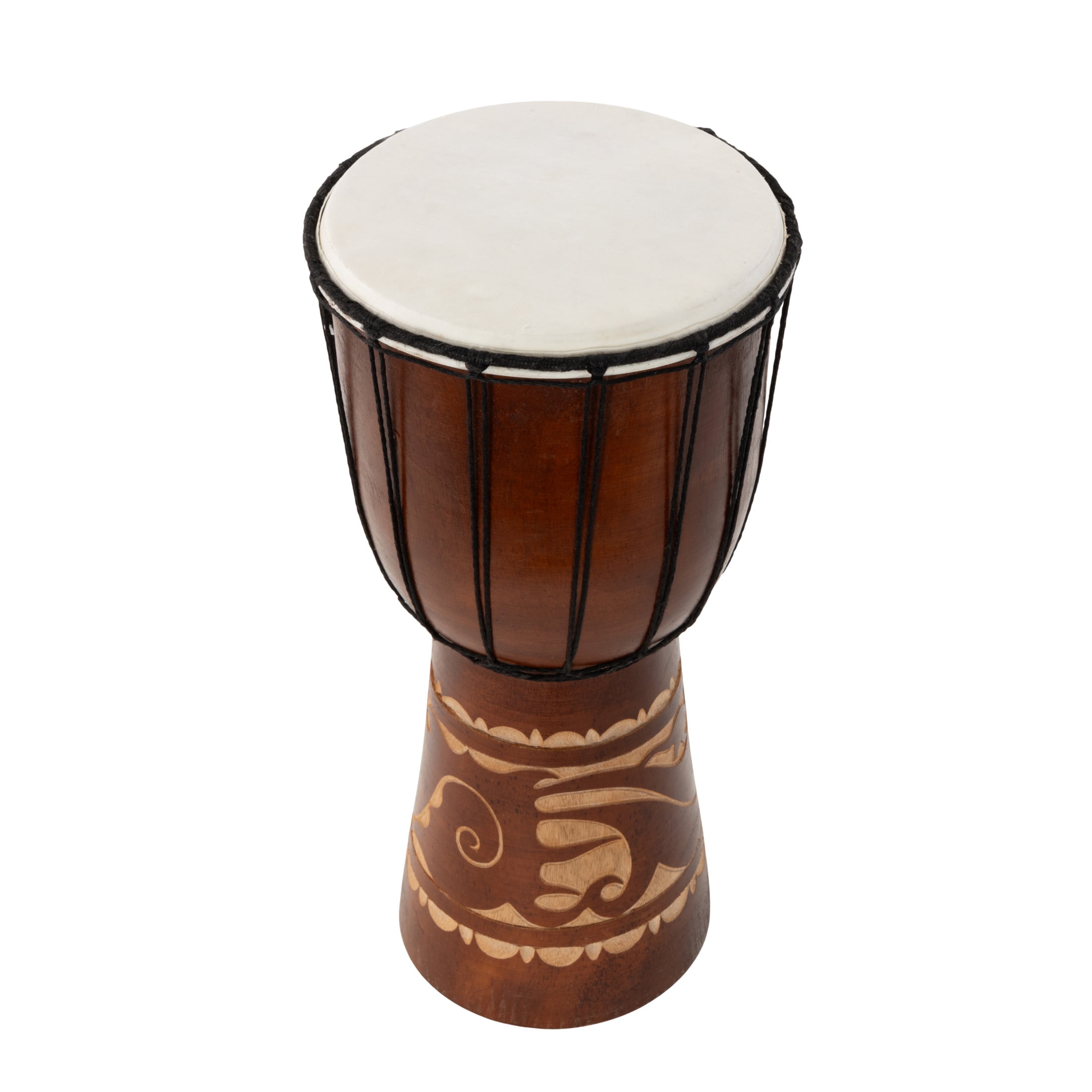 DecMode Eclectic Handmade Djembe Wood Drum Sculpture, 9"W x 16"H Features Ornate/Cow Leather Top Details and Polished Brown Finish