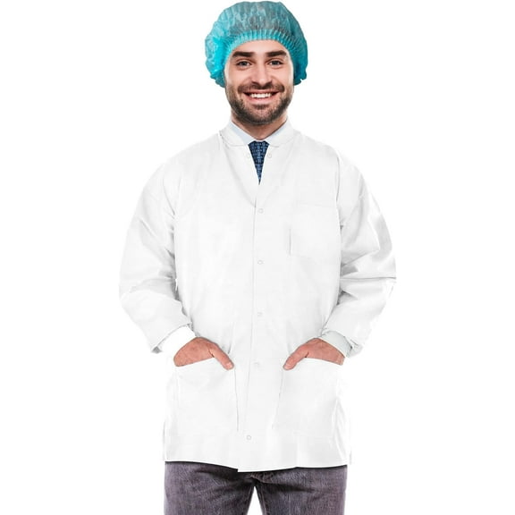 AMZ Supply Disposable Lab Jackets, 33" Long. White Hip-Length Work Gowns XX-Large. SMS 50 gsm Shirts. Pack of 100