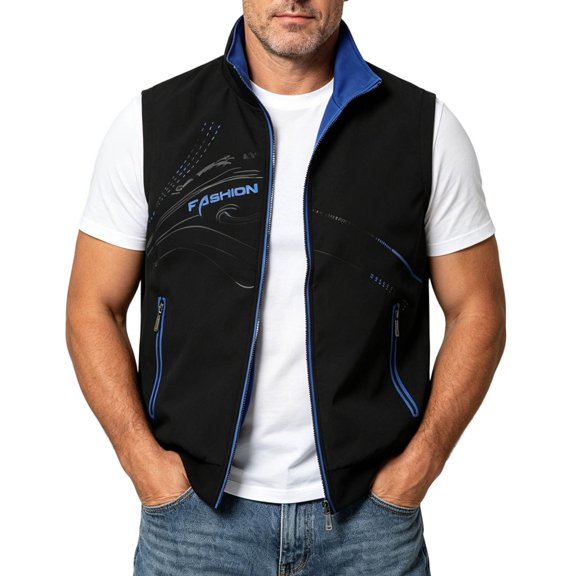 Ahabrexf Men's Sleeveless Casual Vest, Full Zip Stand Collar Printed Lightweight Polyester Outerwear with Zipper Pockets for Spring Autumn Daily Wear