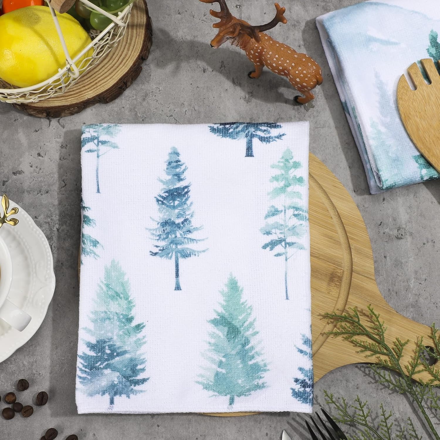 pogooe 6 Pcs Christmas Kitchen Towels Hello Winter Tea Towels Pine Trees Reindeer Dish Towels Woodland Dish Cloths Snow Home Decoration for Winter Housewarming Cooking Bathroom Gift, 18 x 26''''