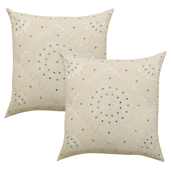 Stylo Culture Ethnic Couch Throw Pillow Covers 24x24 Large Hand Embroidered Off White Boho 60x60 cm Home Decor Cotton Mirrored Square Cushion Covers | Set Of 2