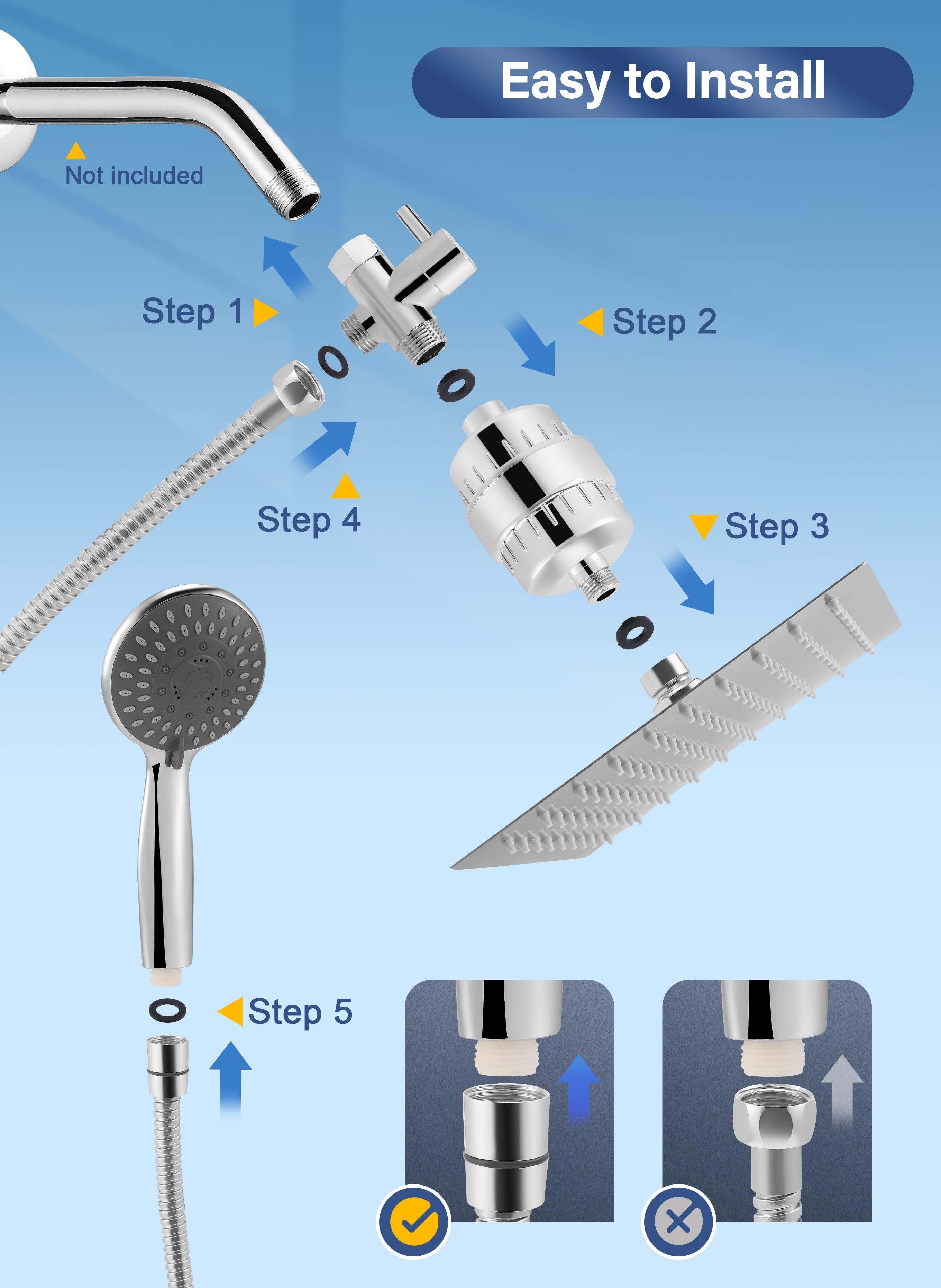 Doulami Shower Head Combo Filtered Shower Head with Handheld 8'' Dual Rainfall Showerhead 5 Settings High Pressure Handheld Showerhead