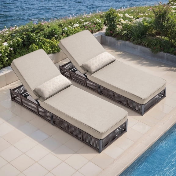 Giantfurnni Patio Wicker Chaise Lounges Set of 2, Outdoor Cushioned Reclining Lounger Chairs with Adjustable Backrest for Poolside Porch Deck, Beige