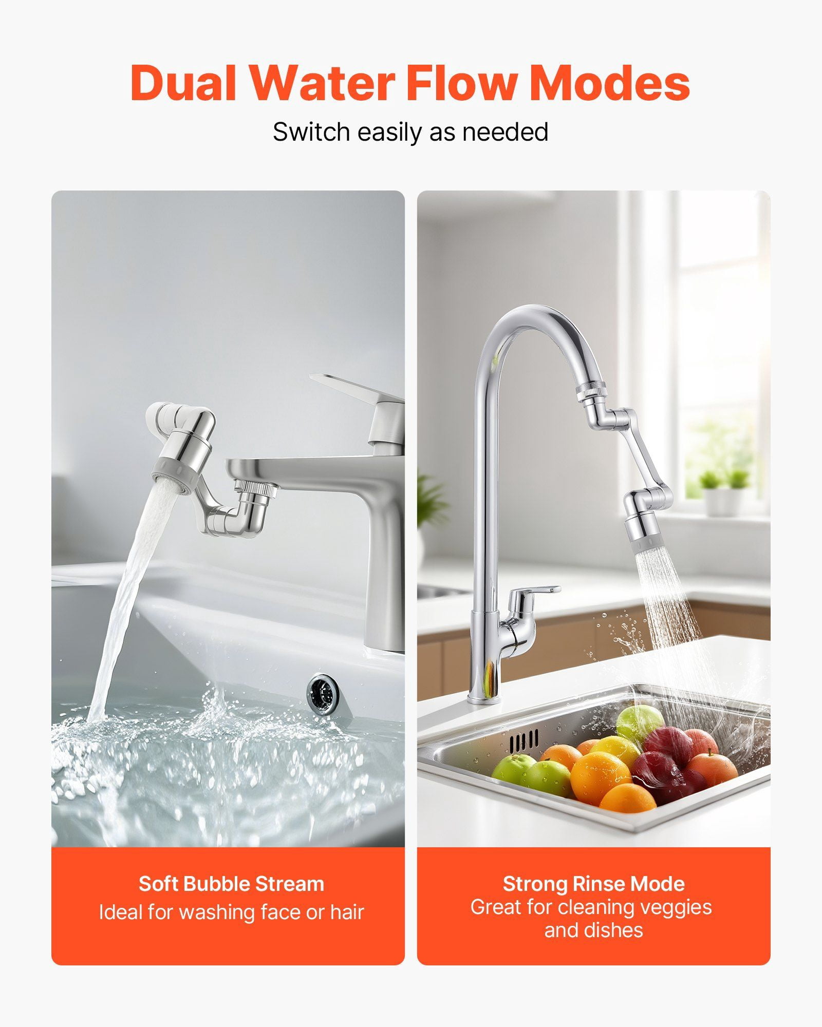 Universal 360° Swivel Faucet Aerator with Extension Arm, Anti-Splash Filter, Easy Install for Kitchen Sink, 2 Spray Modes, Chrome Plated Brass