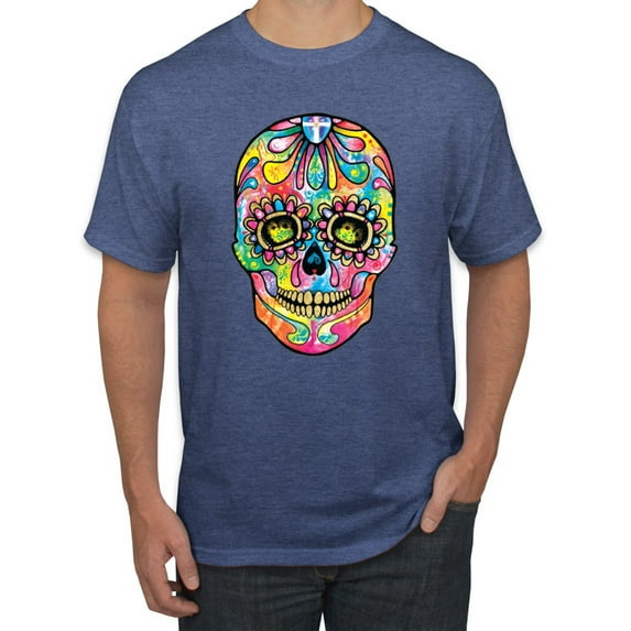 Wild Bobby Dean Russo Colorful Sugar Skull Streetwear Men Graphic Tee, Vintage Heather Blue, 5X-Large