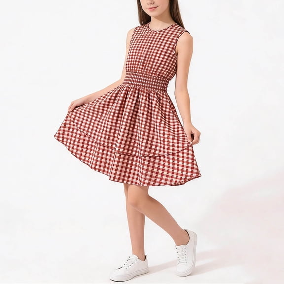 BLTIBY Tween Girls Elegant Dresses Kids Summer Ruffle Sleeveless Plaid Crew Neck Dress Red 10-11 Years