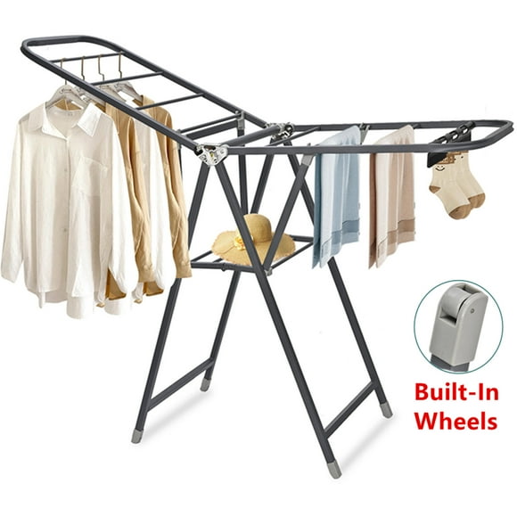 Clothes Drying Rack with Wheels, Foldable Metal Laundry Rack with 33 Sock Clips, Space-Saving Free-Standing Airer with Dual Height-Adjustable Wings, Grey