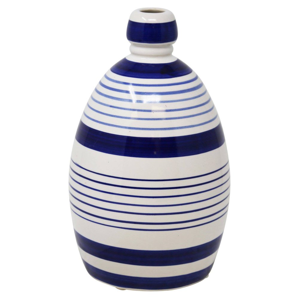 SageBrook Home White and Blue 10 in. Striped Vase