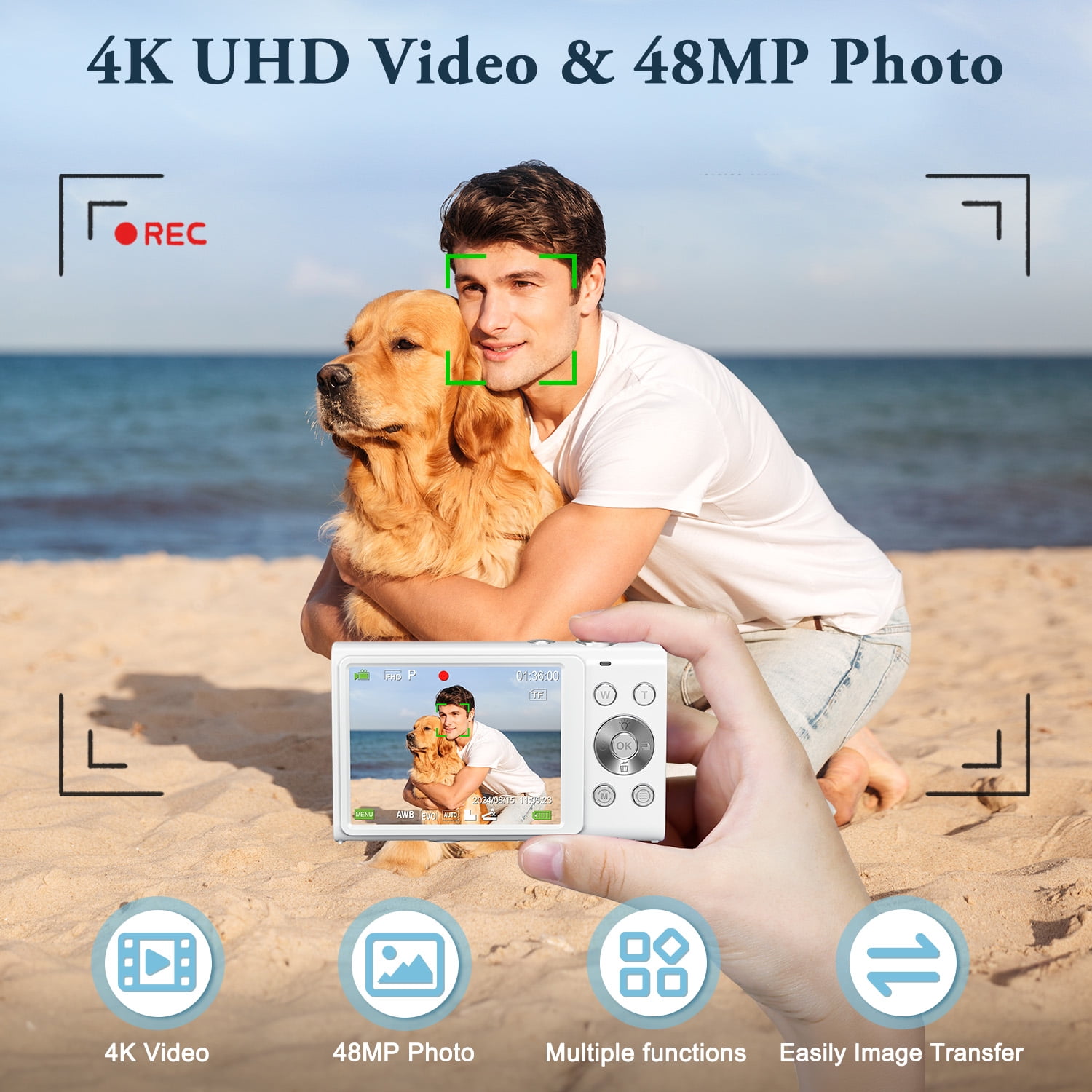 4K Digital Camera,Autofocus Vlogging Camera 48MP 16X Digital Zoom Digital Camera With 32GB Memory Card 2 batteries,Portable Compact Small Camera For Adults Beginners (White)