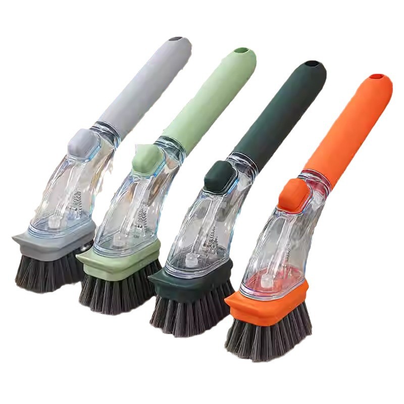 Pot brush, comfortable and long handle, does not dirty hands, does not hurt the pot, comes with a space for storing detergent, and automatically discharges liquid when pressed.