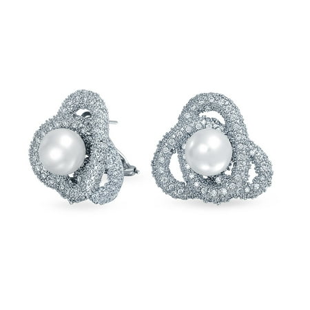 Bling Jewelry Love Knot CZ Simulated Pearl Earrings Rhodium Plated Brass