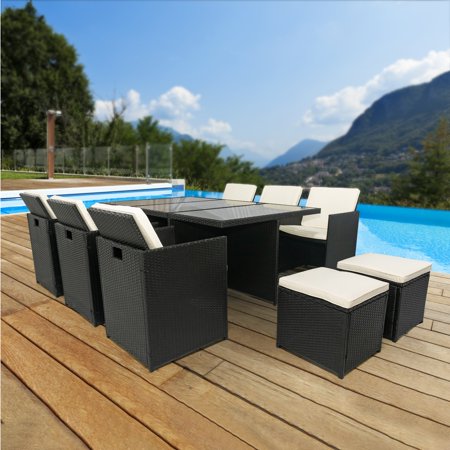 11-Pieces Outdoor Patio Furniture Dining Sets, Outdoor Space Saving Conversation Set with Soft Cushions Sofas & Tempered Glass Dining Table , Black Rattan with Beige Cushion