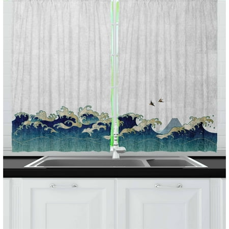 Cream Gray And Blue Living Room Japanese Wave Curtains 2 Panels Set, Aquatic Swirls Flying Birds of Ocean Ukiyo-e Style Artwork Grunge Print, Window Drapes for Living Room Bedroom, 55W X 39L Inches, Grey Blue Cream, by Ambesonne ()
