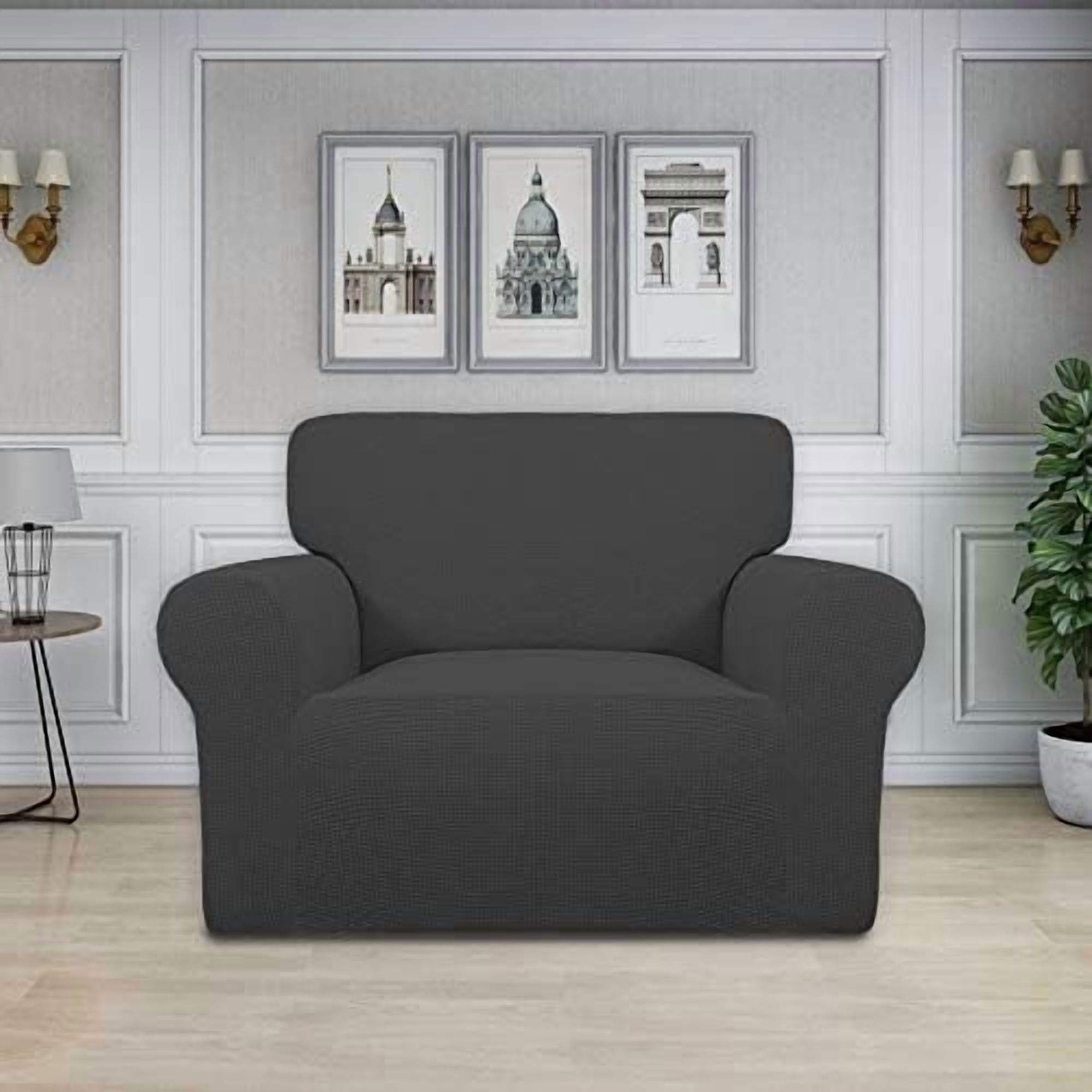 Stretch Oversized Chair Sofa Slipcover 1-Piece Couch Sofa Cover Furniture Protector Soft with Elastic Bottom for Kids Spandex Jacquard Fabric Small Checks Dark Gray