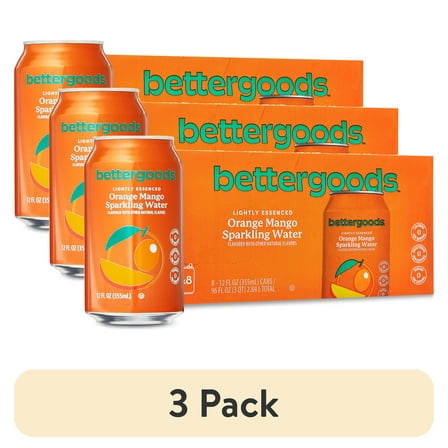 (3 pack) bettergoods Orange Mango Flavored Sparkling Water, 12 fl oz, 8 Cans