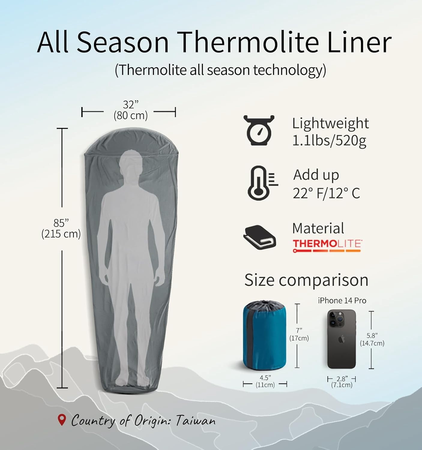 Litume Thermolite All Season Sleeping Bag Liner, Adds up to 22°F / 12°C Warmth, Mummy Sleep Sack with Drawstring Hood, Lightweight for Camping, Backpacking & Travel – Model E626