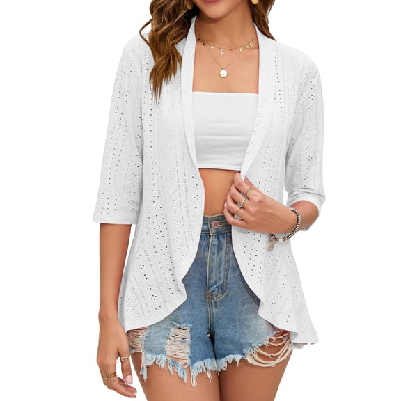 SWSMCLT Women's Open Front Cardigan Work Soft Fashion V Neck Top Casual Ruffle Cut Out Spring 3/4 Sleeve Slim Fit Cape White Medium