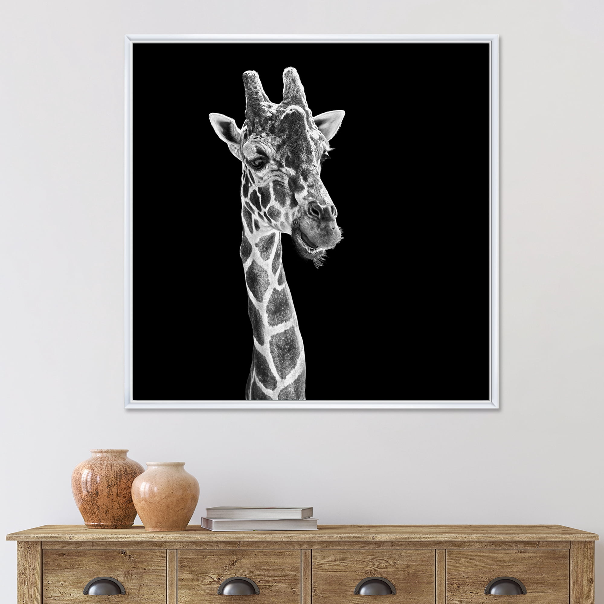 Designart 'Close Up Portrait Of A Giraffe On Black II' Farmhouse Framed Canvas Wall Art Print