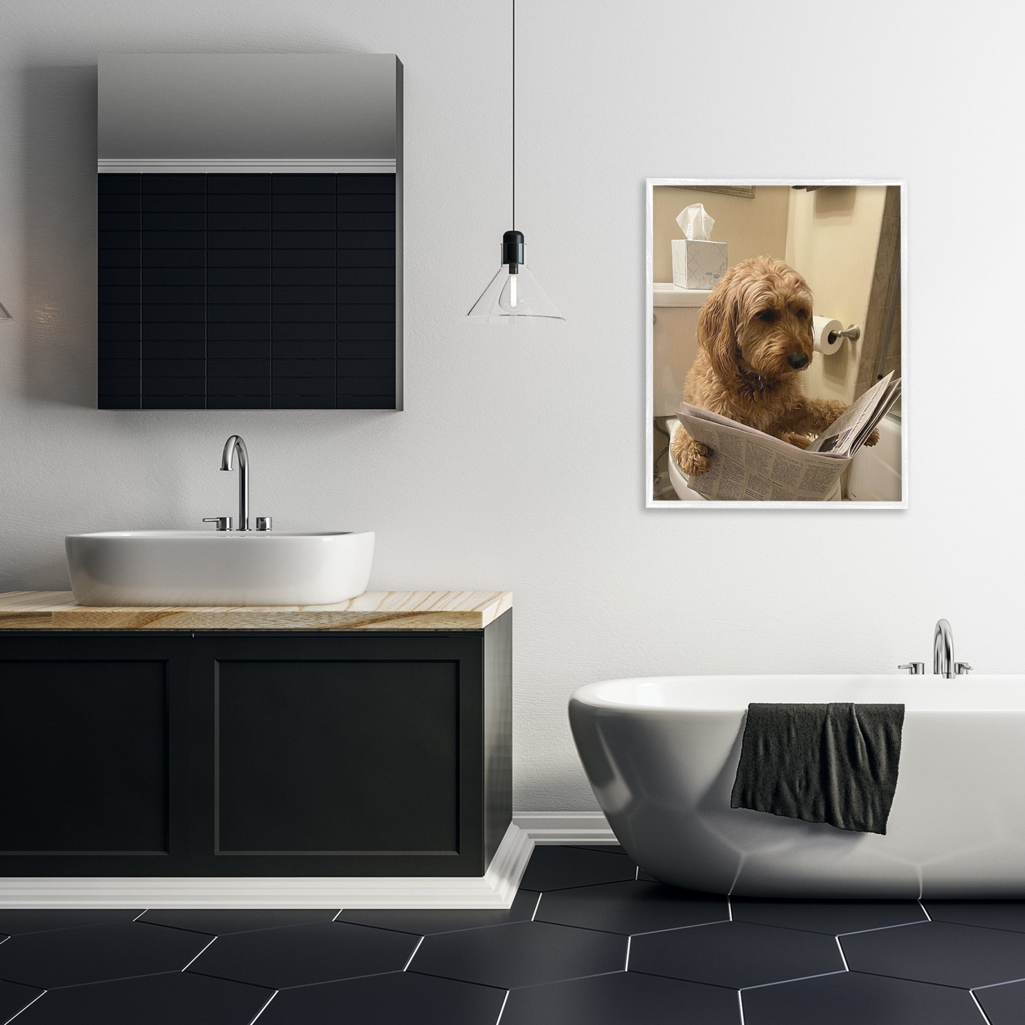 Stupell Industries Dog & Paper on Toilet White Framed Giclee Art, design by Abigail Walker