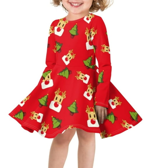 Renewold Baby Girl Twirl Dress for Christmas Birthday Gifts Xmas Trees Reindeer Long Sleeve Scoop Neck Skater Dresses High Waistline Knee Length Dress Size XS