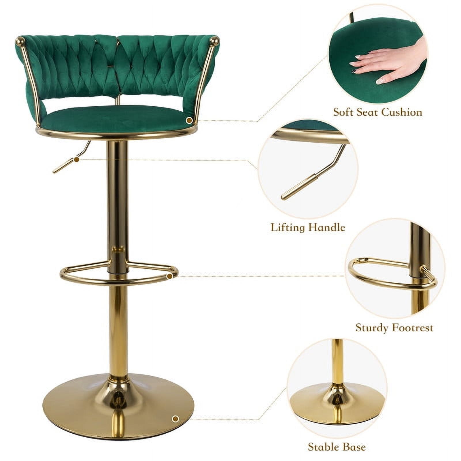 Hawsaiy Modern Velvet Bar Stool Set of 2 with Woven Back and Footrest for Kitchen, Bar, and Dining Spaces,Green