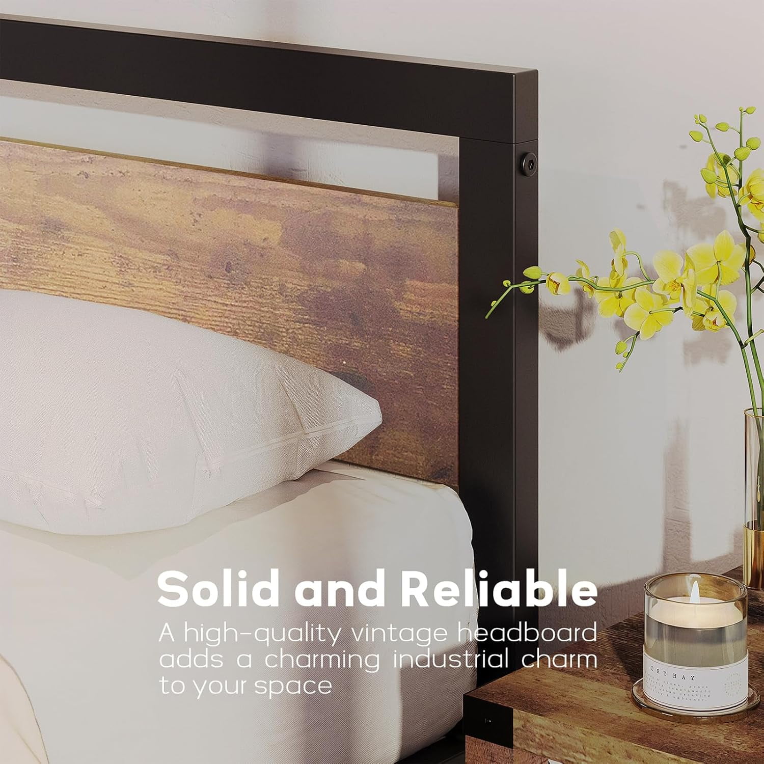 King Size Bed Frame, Industrial King Bed Platform with Headboard, Easy Assemble Mattress Bedframe in Retro Brown, No Box Spring Needed