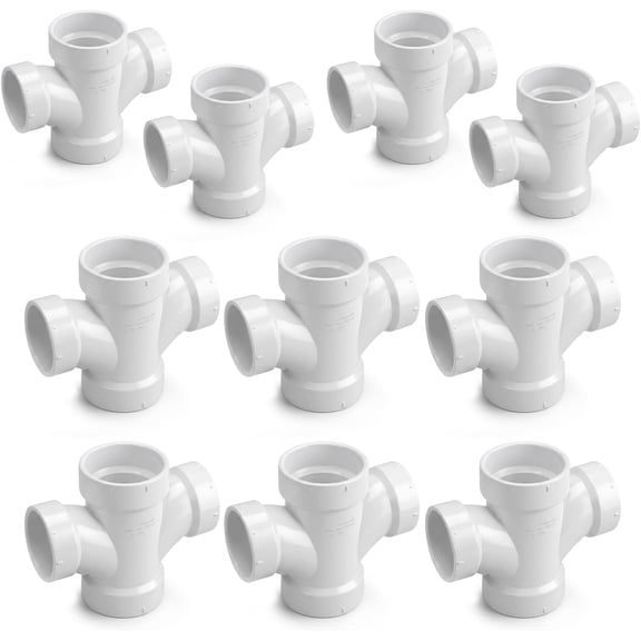 3" x 3" x 2" x 2" White PVC DWV Double Sanitary Tee Reducing Hub PVC Drain, Waste & Vent Fitting, (10 Pack)