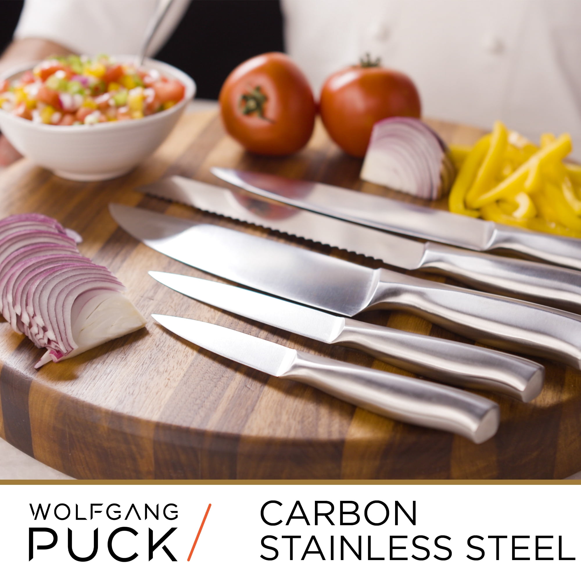 Wolfgang Puck 6-Piece Stainless Steel Knife Set with Knife Block; Carbon Stainless Steel Blades and Ergonomic Handles