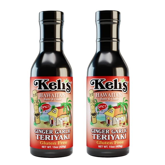 Keli's Sauces Low Sodium Spicy Gluten Free & Vegan Ginger Garlic Teriyaki Glaze and BBQ Sauce, Hot and Spicy Lover Approved! Made with Gluten Free Soy Sauce - 15oz (Pack of 2)