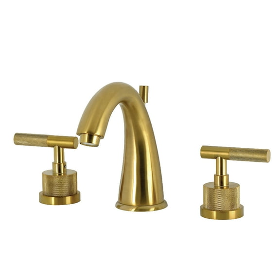 Kingston Brass KS2967KNL Convergent Two-Handle 3-Hole Deck Mount Widespread Bathroom Faucet with Knurled Handle and Brass Pop-Up in Brushed Brass