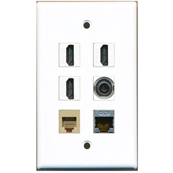 RiteAV - 3 HDMI 1 Port Phone RJ11 RJ12 Beige 1 Port Shielded Cat6 Ethernet 1 Port 3.5mm Wall Plate