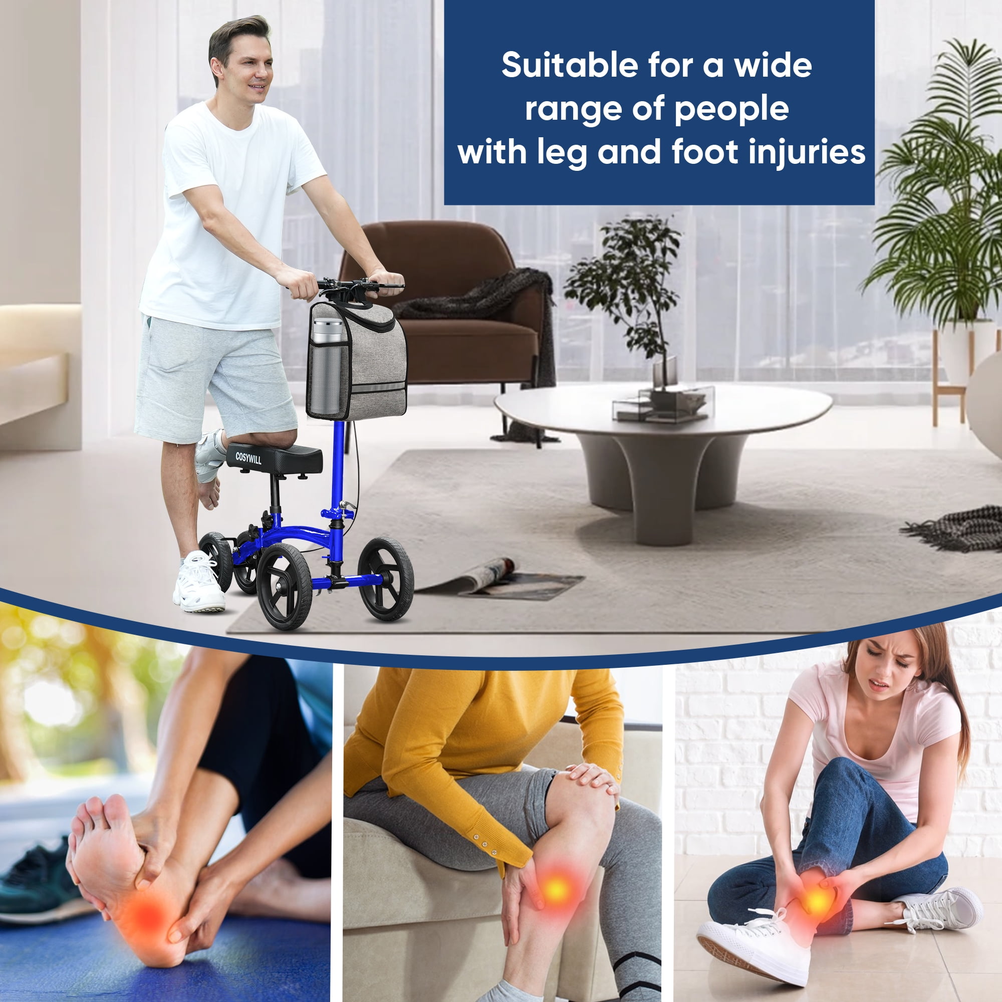COSYWILL Steerable Knee Scooter,Economy Knee Walker,All Terrain Foldable Medical Scooter for Foot Injuries Crutches Alternative,Blue
