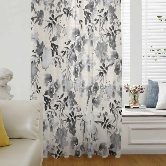 Black Grey Spring Floral Semi Sheer Curtains Drapes for Living Room,Bedroom,French Doors Window 84 Inches Long,Summer Botanical Watercolor Rustic Rod Pocket Chiffon Curtain Drapery Voile Drape Panel