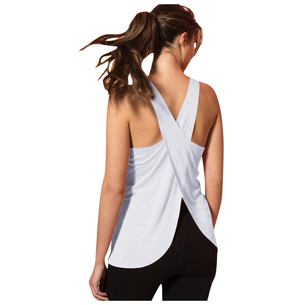 Women Casual Cross Back Yoga Shirt Sleeveless Back Workout Sport Cami Vest Tops