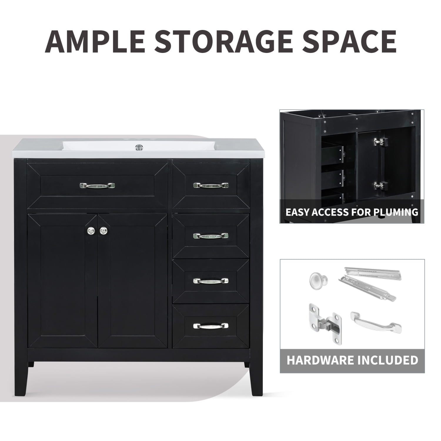 Harper & Bright Designs 36" Bathroom Cabinet Vanity with Sink Combo, White Bathroom Storage Cabinet with 3 Drawers and Two Doors, Solid Wood Frame and MDF Board
