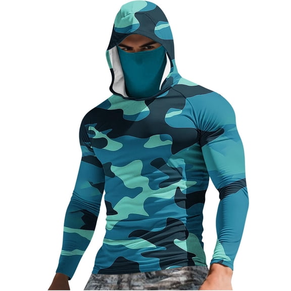 GUZOM Mens UPF 50 Sun Protection Shirt Hooded Long Sleeve with Face Mask Mint Green Camo Quick Dry Lightweight Fishing Hiking,Size S